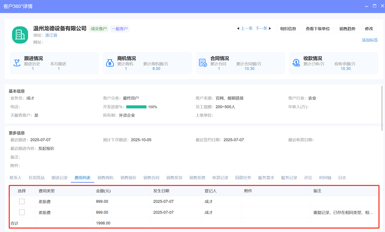 八駿CRM中客戶費(fèi)用支出